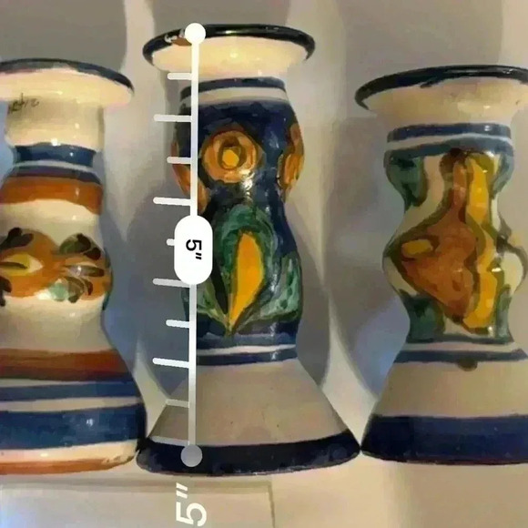 Hand-Painted E. Ortiz Mexican Pottery Candle Holders Mismatched Set Of 4 - Picture 11 of 12
